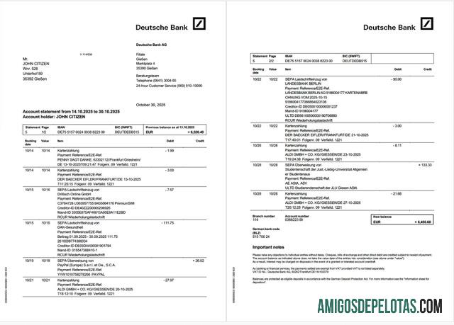 Extrato de conta do Deutsche Bank para impressão na Alemanha, modelo Word e PDF, 2 páginas